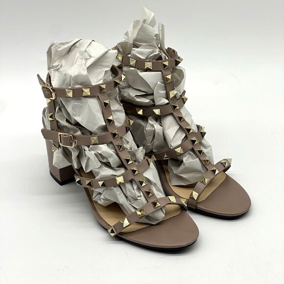 Kaitlyn Pan Beige Nude Leather Rockstud Caged Heeled Sandals Women's Size 6.5M - Picture 2 of 11